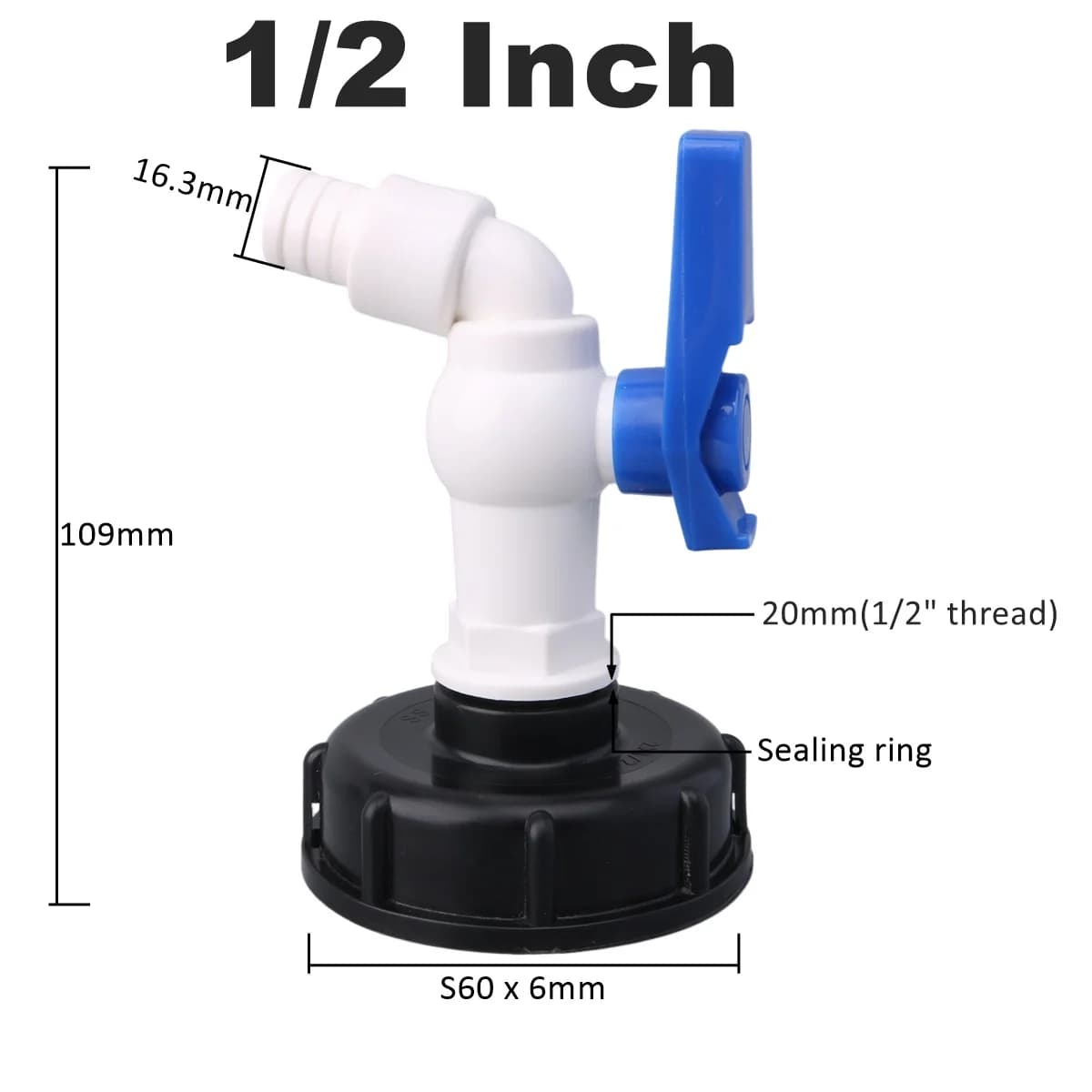 IBC Tank Adapter with Faucet, 1/2" 3/4" Tap Replacement, EU US Coarse Thread, Plastic Outlet for Garden & Industrial Hose