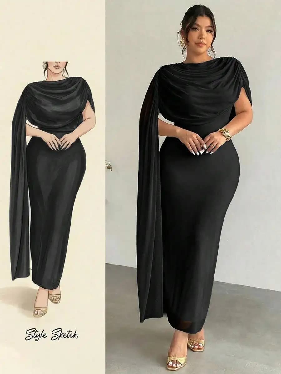 Abito lungo elegante da donna in chiffon nero con collo arricciato e maniche a mantella per primavera estate