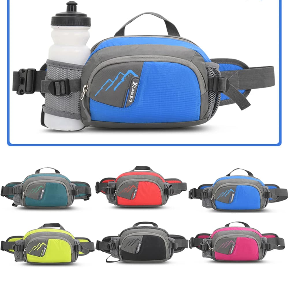 Marsupio da corsa con cintura per telefono, marsupio in nylon con portabottiglie, impermeabile, per ciclismo, corsa, escursionismo, jogging