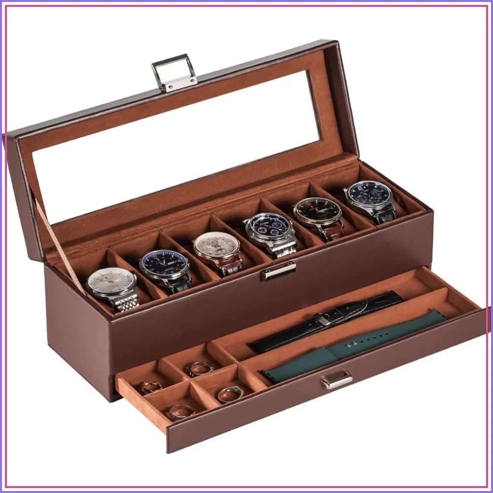 6-Slot Watch Case with Clear Glass Lid, 2-Layer Watch Box Organizer, Storage with Drawer - Espresso
