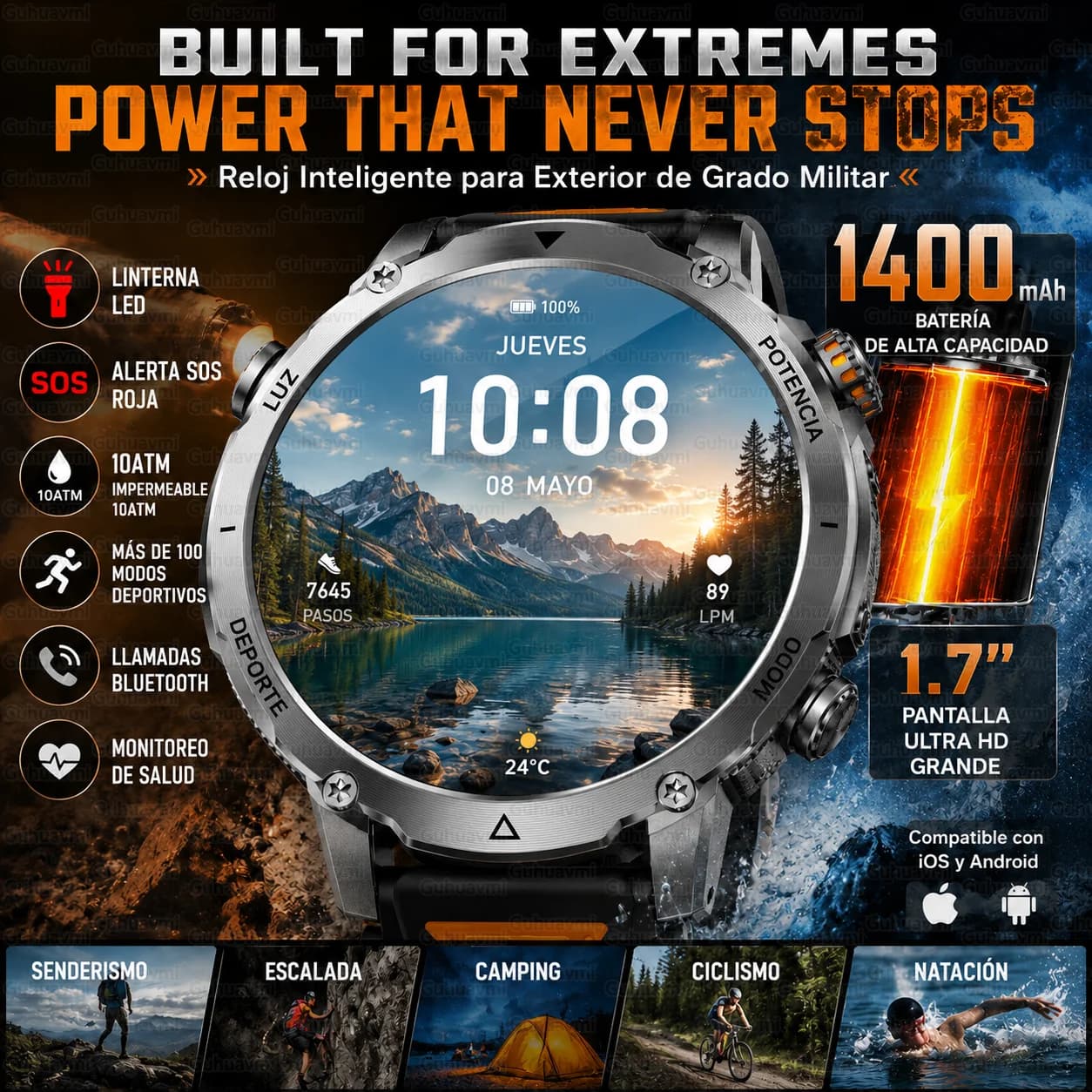 Smartwatch TANK di Grado Militare, Batteria da 1400mAh, Impermeabile 10ATM, Orologio Sportivo da Esterno con Allarme SOS, Schermo Full Touch, Fitness Watch per Uomo