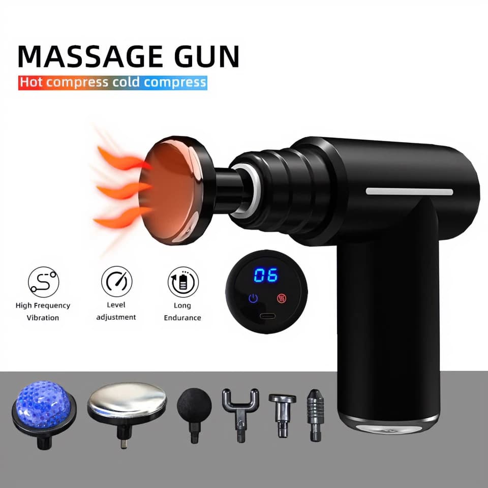 Professional LCD Massage Gun for Warm/Fredd Therapy, Mini Vibration Massage for Deep Fabrics, 6 Heads, Portable Vibrator for Muscles and Fascism