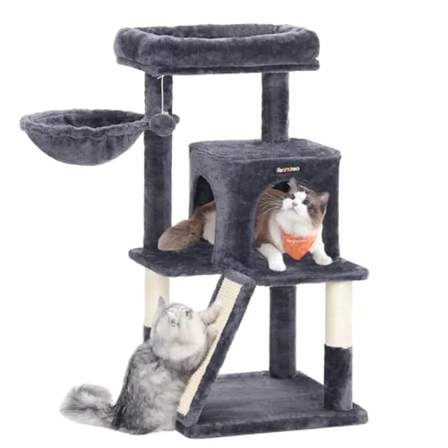 Tiragraffi per Gatti a 37,8 Pollici, Multi-Livello, con Finitura Grigio Fumo, Postazione Allargata, Pali Tiragraffi, Rampa, Grotta a 2 Porte, Amaca, in Legno Resistente