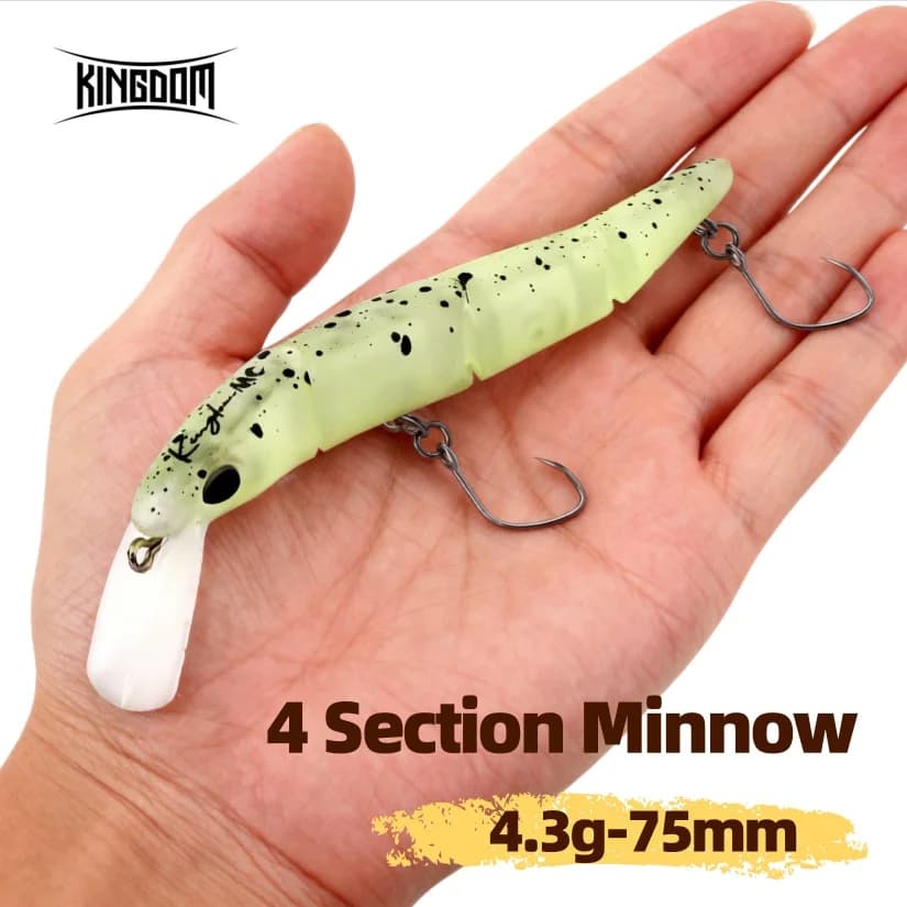 Kingdom Esca da pesca snodata 70mm 4.3g Affondamento 4 sezioni Minnow Lure Gancio singolo Wobber duro Spigola d'acqua dolce Esca artificiale