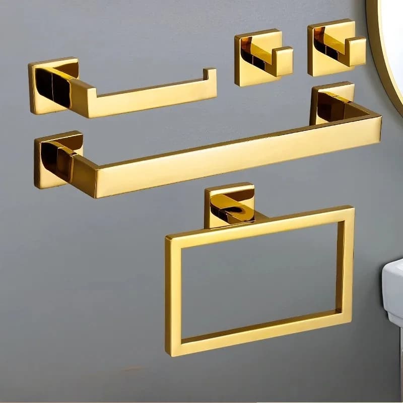 Set di Accessori per Bagno Dorati Lucidi: Gancio, Porta Asciugamani, Porta Carta Igienica, Anello Porta Asciugamani, Porta Asciugamani da Bagno, Kit Completo per Bagno