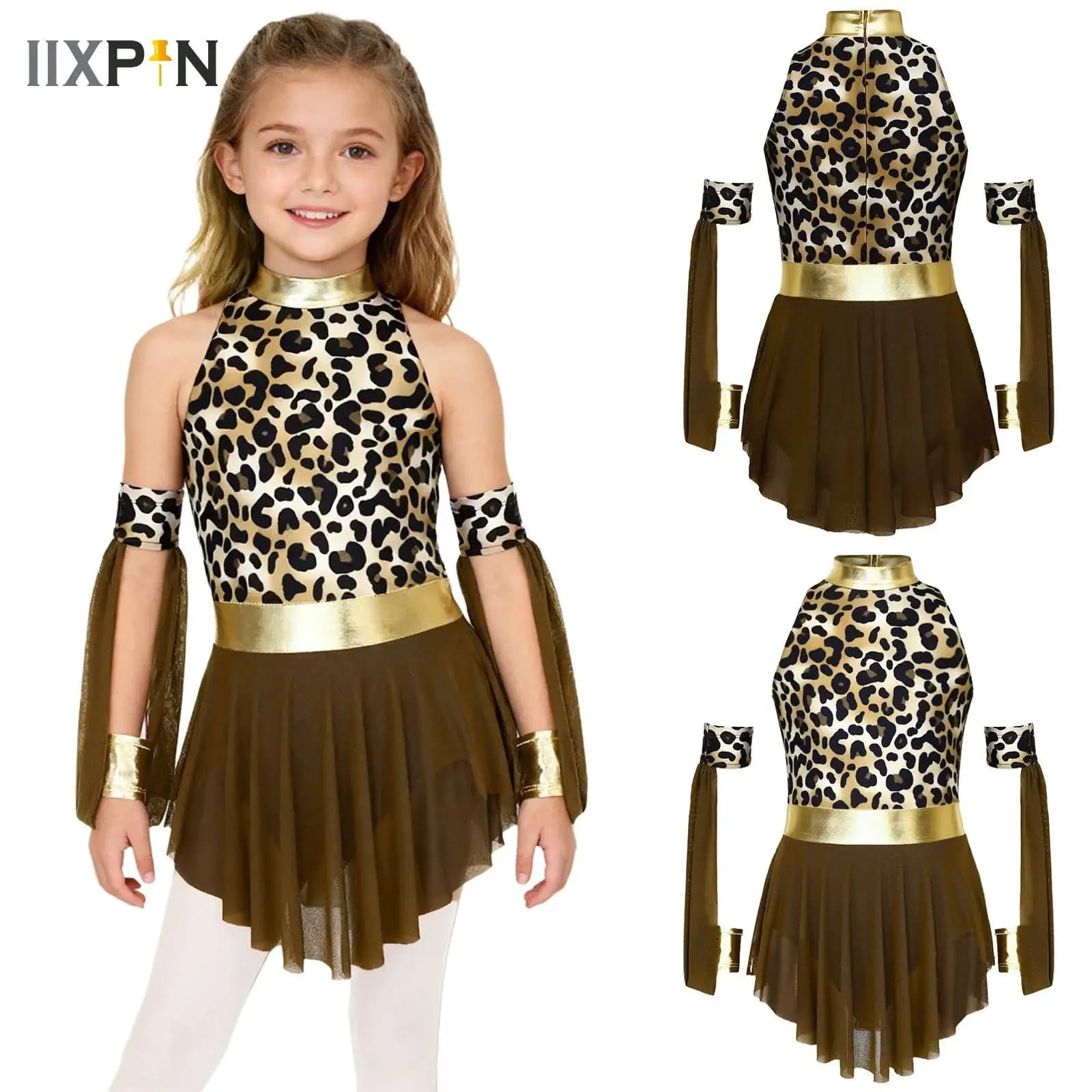 Costume cosplay di carnevale di Halloween con pietra di grotta preistorica per ragazze grandi, abito lucido metallizzato con stampa leopardata e maniche lunghe abbinate