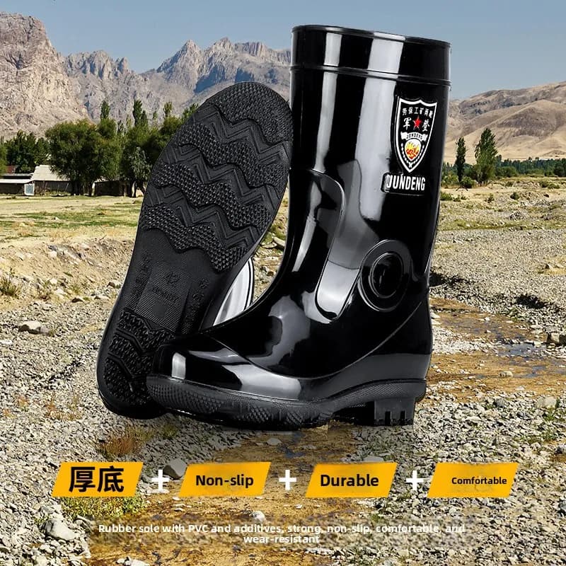 Large Size Military Boots Men's Rain Boots Mid-Calf Fleece Lined High-Calf Waterproof Plastic Shoes for Youth And Middle-Aged