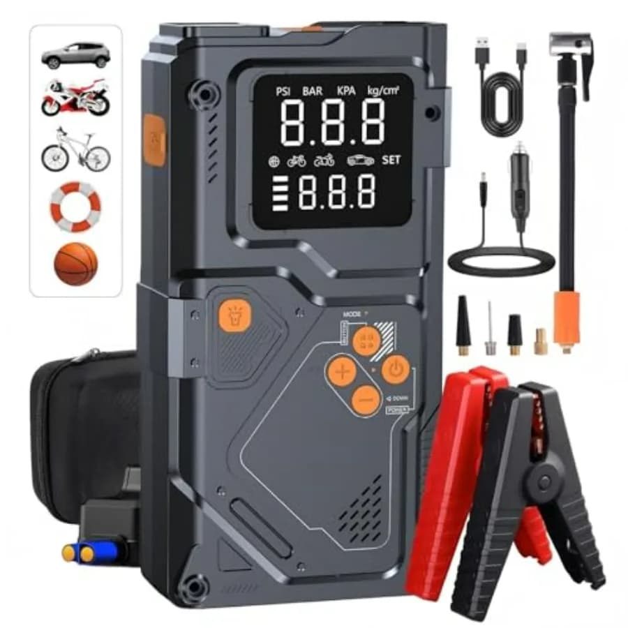 Avviatore di Emergenza Portatile 12V 1000A con Pompa d'Aria e Compressore, Display LCD, Luce di Emergenza LED, Power Bank, Cavi di Avviamento per Motori fino a 8.5L