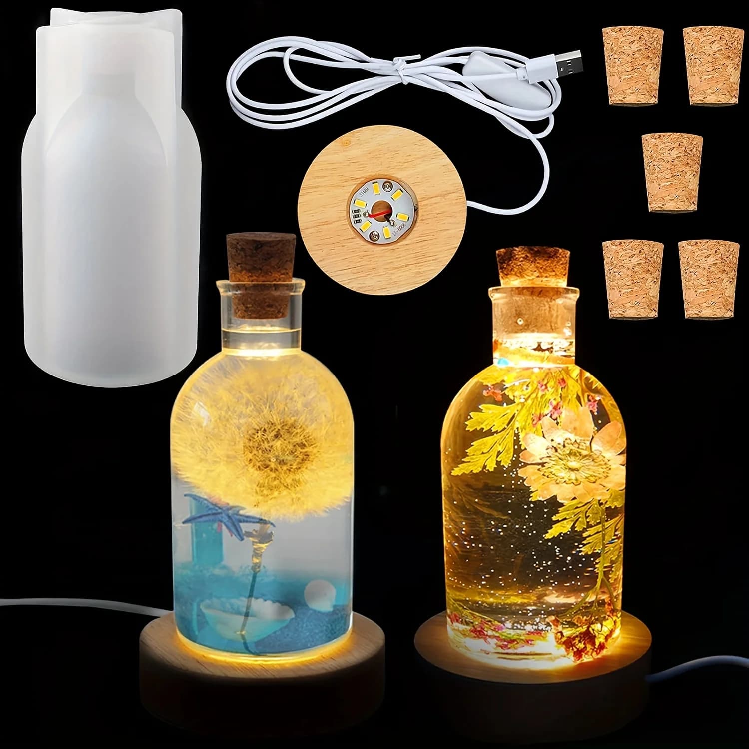 Set of Resin Prints for Drift Bottle Lamp, Silicone Print for LED Shade, with Luminous Wood Base Powered by USB and Five Cork Caps, Suitable for Fai-da-Te Table Crafts, Party, Weddings, Table lamps and Home Decorations, Creative Gifts, Party Gifts, Family and Night Gifts