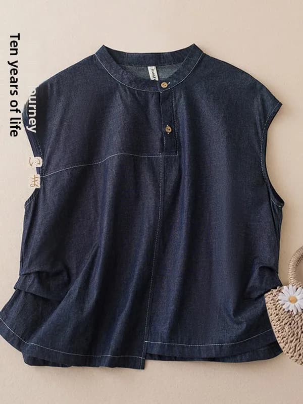 Retro Salt Fried Jeans irt Faion da donna pieghettato sottile allentato sopra la testa Top confortevole traspirante Casual Vintage Sle