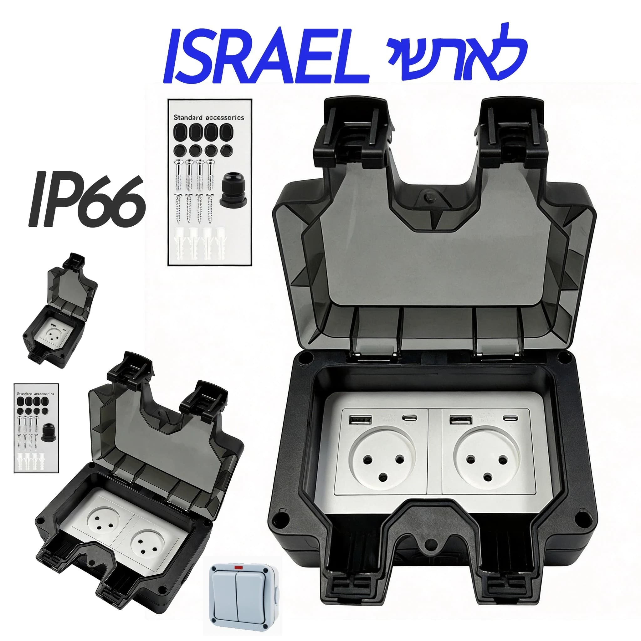 FUNAYA IP66 Israel Outdoor Waterproof IL Plug Waterproof Charging USB A C Surface Mounted Garden 1 2 AC Outlets Box 16A Black