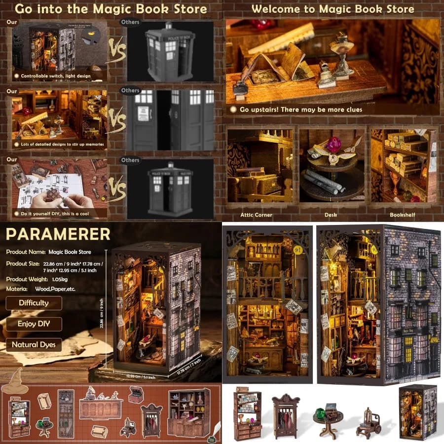 Kit di angolo per libri puzzle 3D in legno fai-da-te Inserto per libreria in miniatura per decorazioni domestiche Ideale per temi creativi di Halloween e Natale