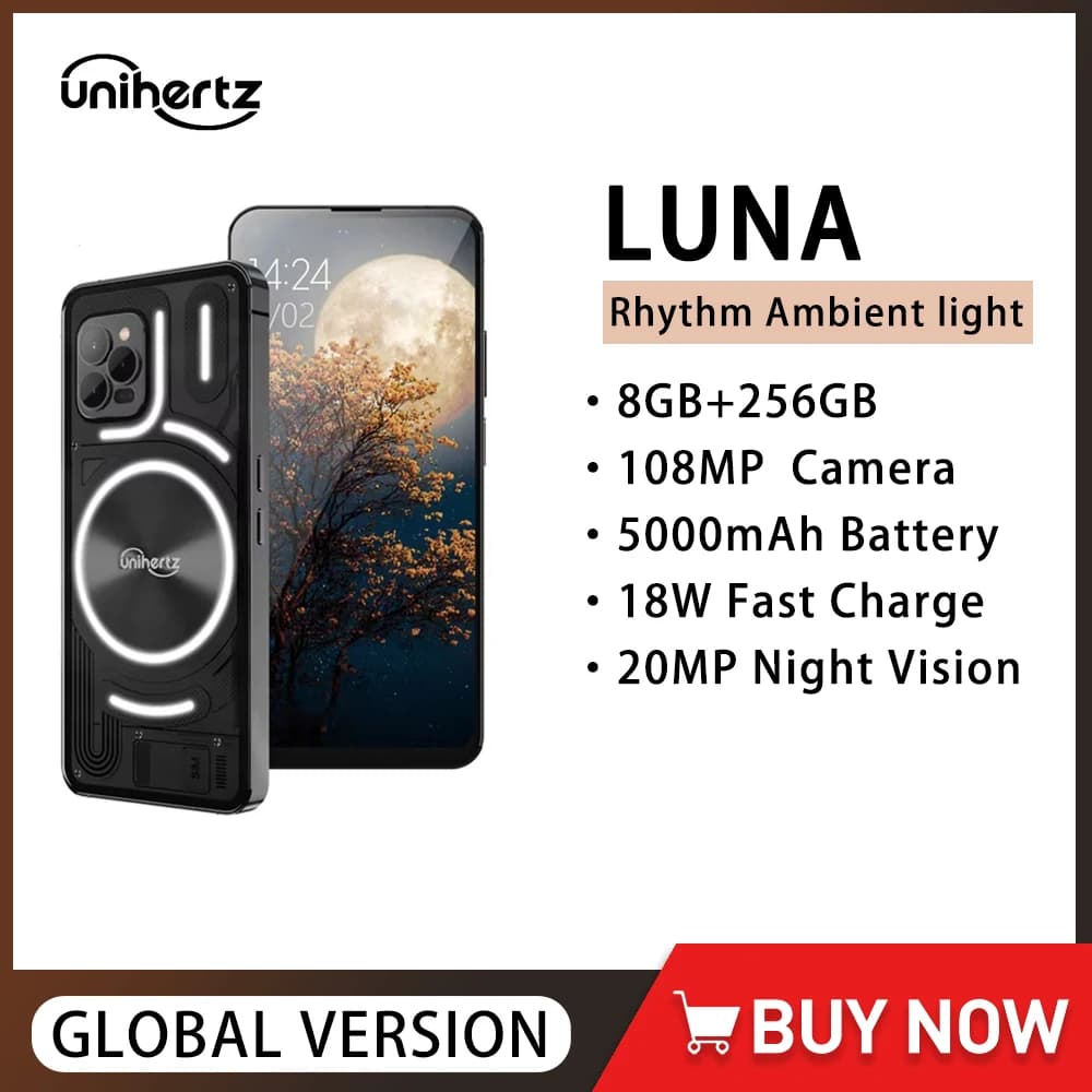 Unihertz Luna 4G Smartphone Android 6.81 pollici HD G99 8GB + 256GB Telefono cellulare Visione notturna 5000mAh 108MP NFC LED strip Telefono musicale