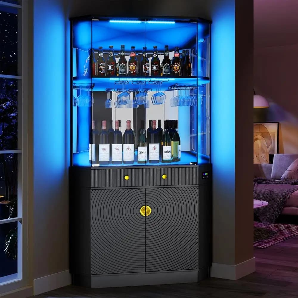 71 Tall Bar Cabinet with App Control, Motion Sensor LED, Mirrored Back & Glass Door, Textured Storage Wine Rack Tower (Black)