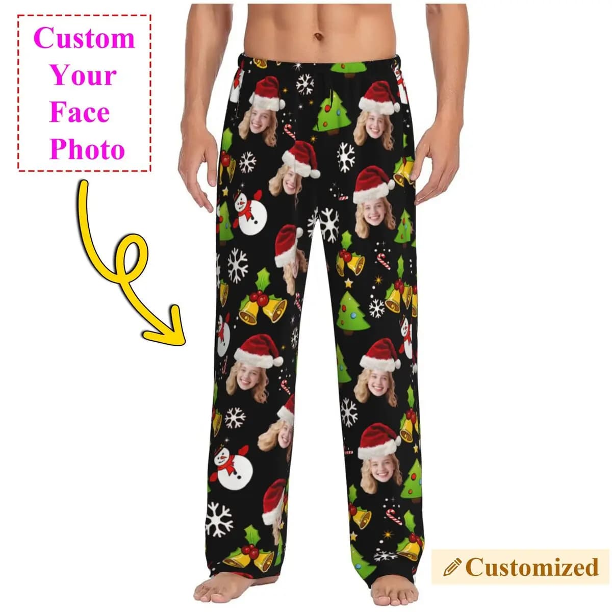 Pantaloni da pigiama personalizzati con foto di volto personalizzato natalizio da uomo, pigiami, pantaloni da notte con tasche