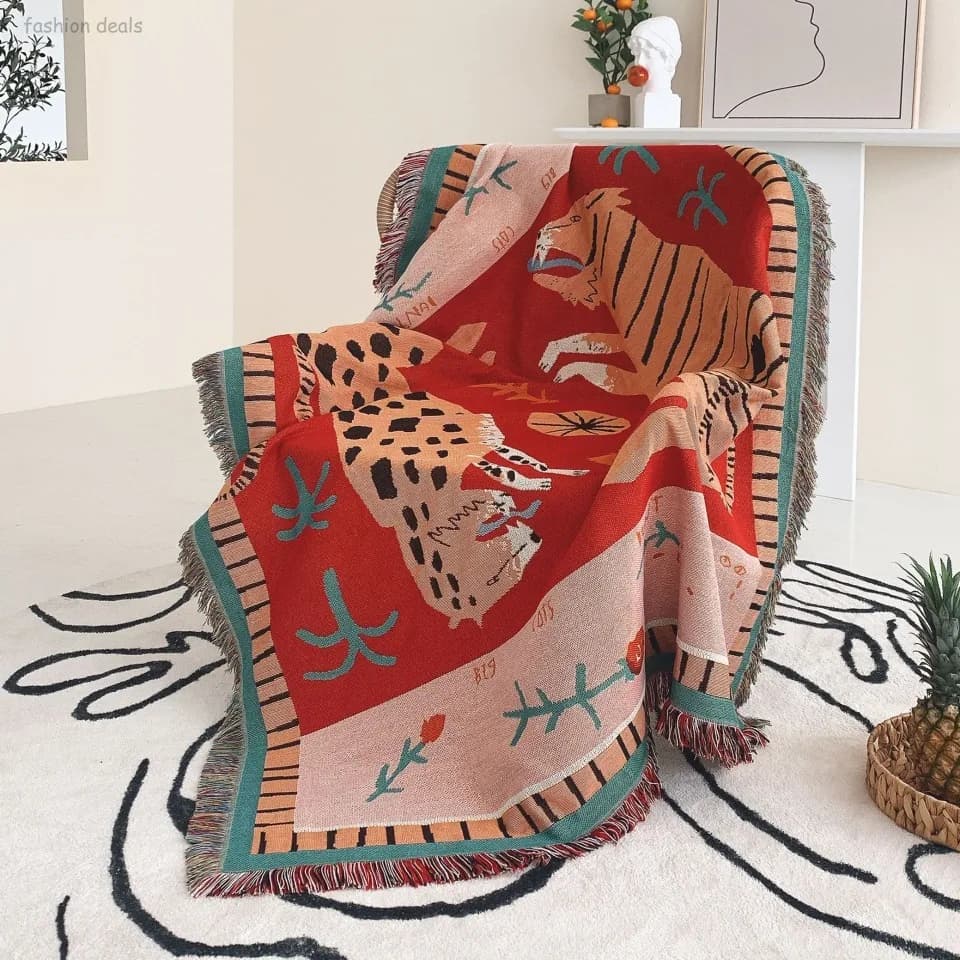 Coperta per Divano in Maglia Rossa con Motivi Bohemien Giungla Leopardo e Tigre, Tappeto Decorativo per la Casa, Coperta Portatile per Camper, Viaggi e Fondo Letto