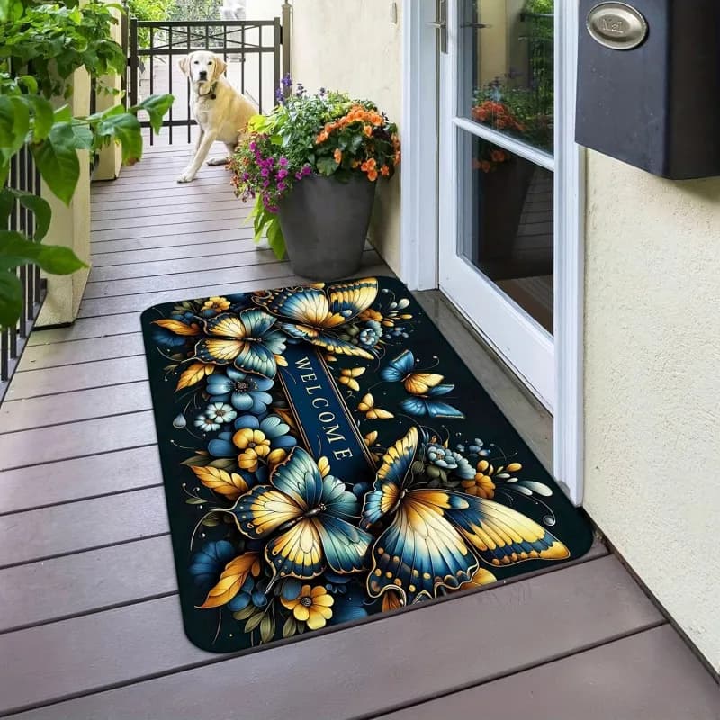 Butterfly Garden Welcome Doormat Dark Background with Vibrant Blue and Yellow Butterflies Print Non Slip Floor Mat