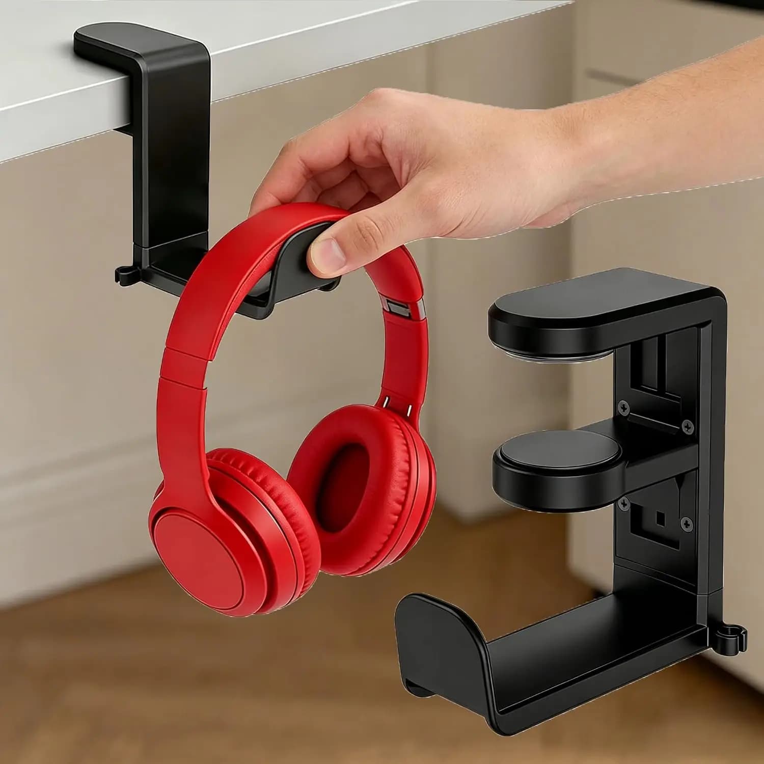 Headphone Stand, Desk Mount Holder with 360 Degree Swivel | Gaming Headset Organizer, Clamp-on Under Desk Hanger with Cable Clip