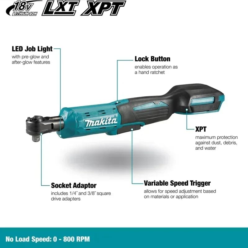 MAKITA 18V LXT Chiave a Cricchetto Cordless DWR180Z, 47.5 N·m, Attacco 6.35mm, 800RPM, per Meccanici, Fai-da-Te e Industria