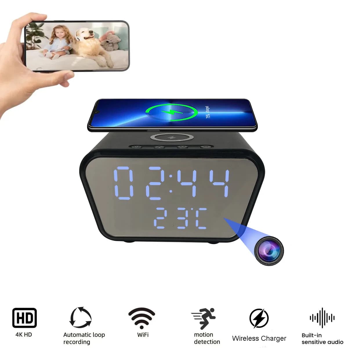Telecamera sveglia | WiFi, caricabatterie wireless, baby monitor, telecamera 4K, rilevamento del movimento, registrazione, visualizzazione remota, sicurezza domestica