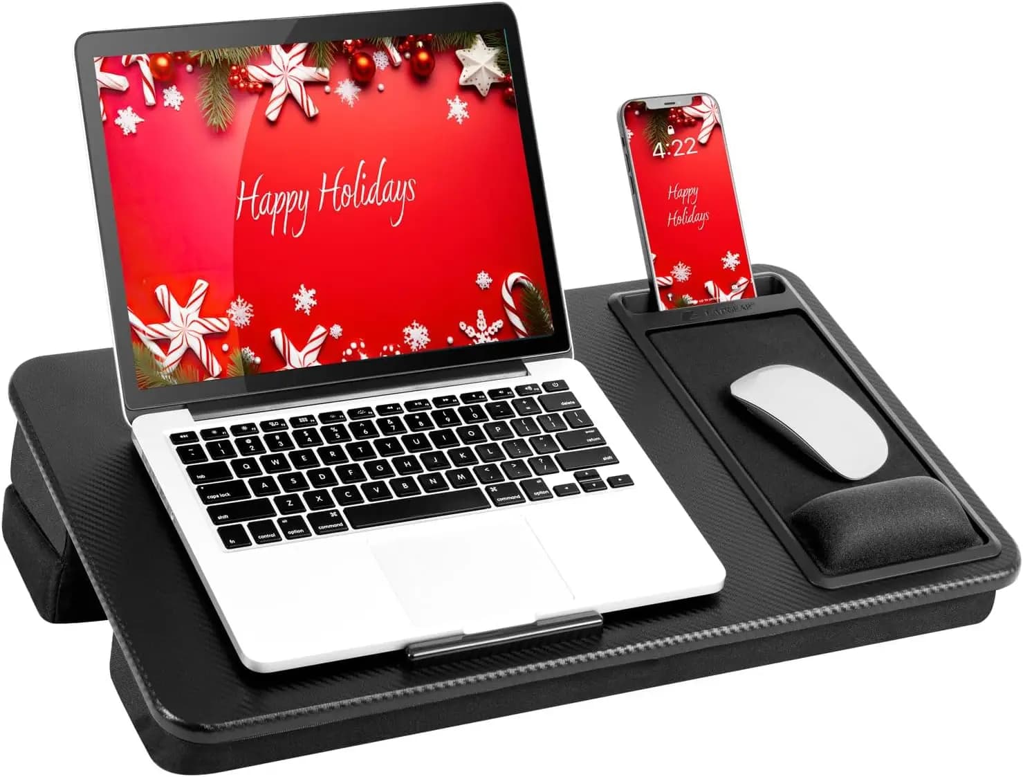 Grande scrivania regolabile per laptop da 17,3" con cuscino, poggiapolsi, tappetino per mouse e slot per telefono - Nero