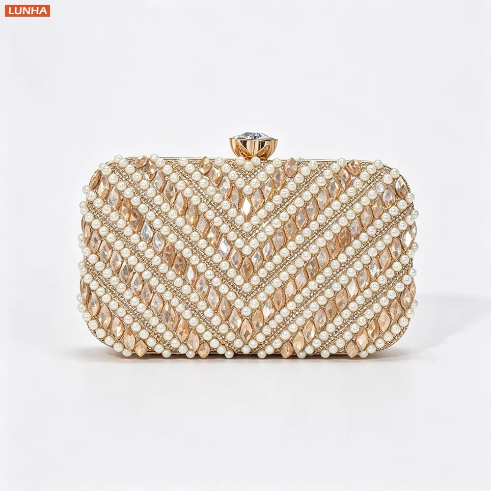 Ladies Luxury Pearl Box Clutch Sparkly Rhinestone Crystal Clasp Evening Wedding Party Handbag for Woman Prom Banquet Gala