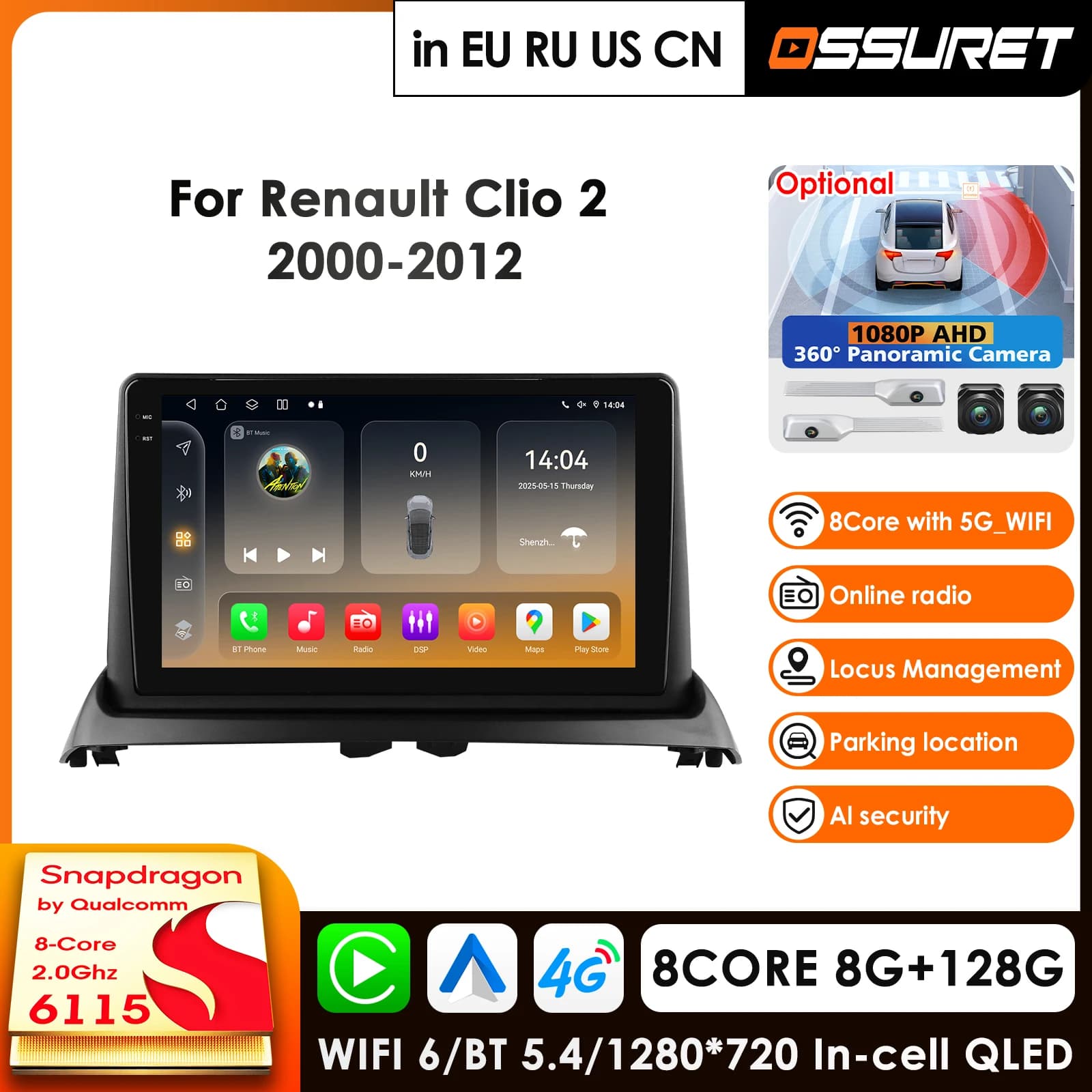 Autoradio con schermo da 9 pollici, Wireless Carplay e Android Auto per Renault Clio 2 2000-2012, lettore multimediale 4G, autoradio 360 ° Fotocamera