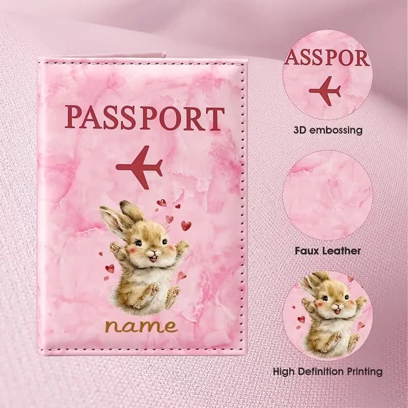 Custom Name Cute Rabbit Illustration Design PU Passport Holder, Featuring Adorable Rabbits And Heart Elements That Present