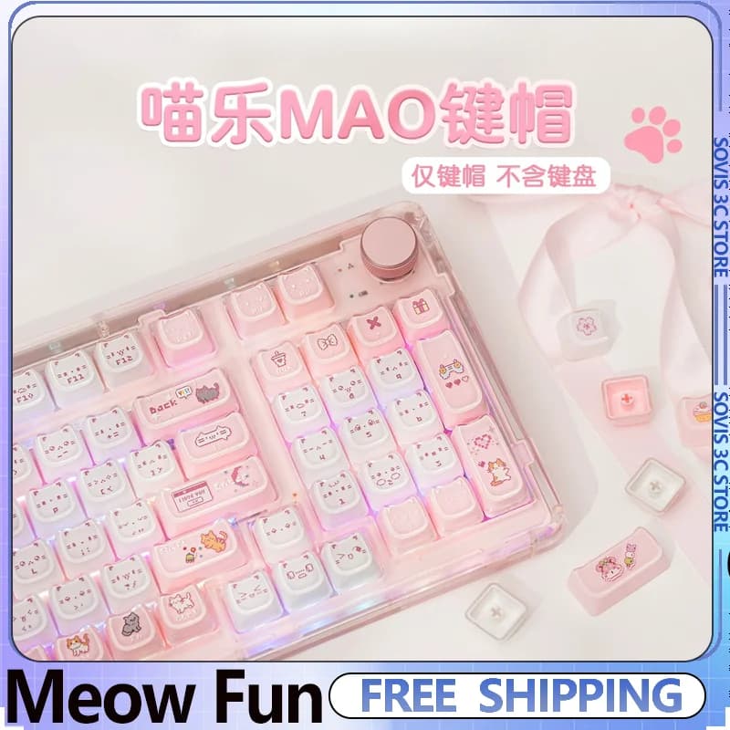 Keycaps Cute Meow Pudding in PC+ABS, profilo MAO, 122 tasti personalizzati rosa a tema cartone animato per tastiera meccanica con asse MX, idea regalo