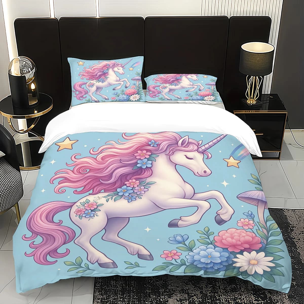 Set da 3 pezzi con stampa unicorno da sogno, 1 copripiumino+2 federe, senza anima. Morbido e confortevole, lavabile in lavatrice