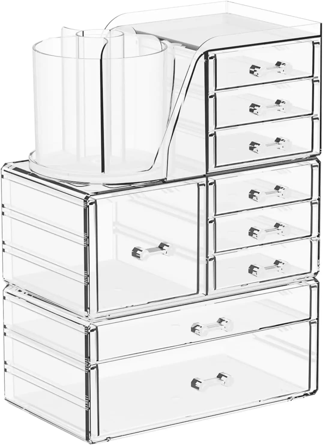 Set of 3 Transparent Acrylic Makeup Organizers with 9 Drawers and Brush Door, Elegant Beauty Accessories Container