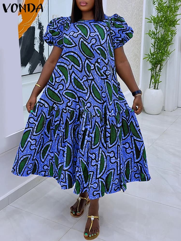 Plus Size Women's Dress Vintage Print Summer Dress 2025 VONDA Sweat Sleeve Casual Fashion Large Dresses Dressed Midi Robe Femme