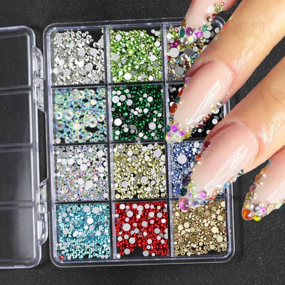 Set of 12 Colorful 3D Round Beads Grids, Nail Art Strass, Flat Glass Gems, Fai-da- Nail Decorations ♪