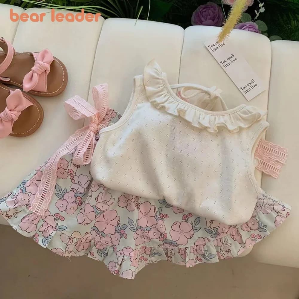 Bear Leader Set di vestiti carini per bambina da 2-6 anni Top senza maniche in pizzo estivo + pantaloncini con stampa floreale con fiocco Set da due pezzi