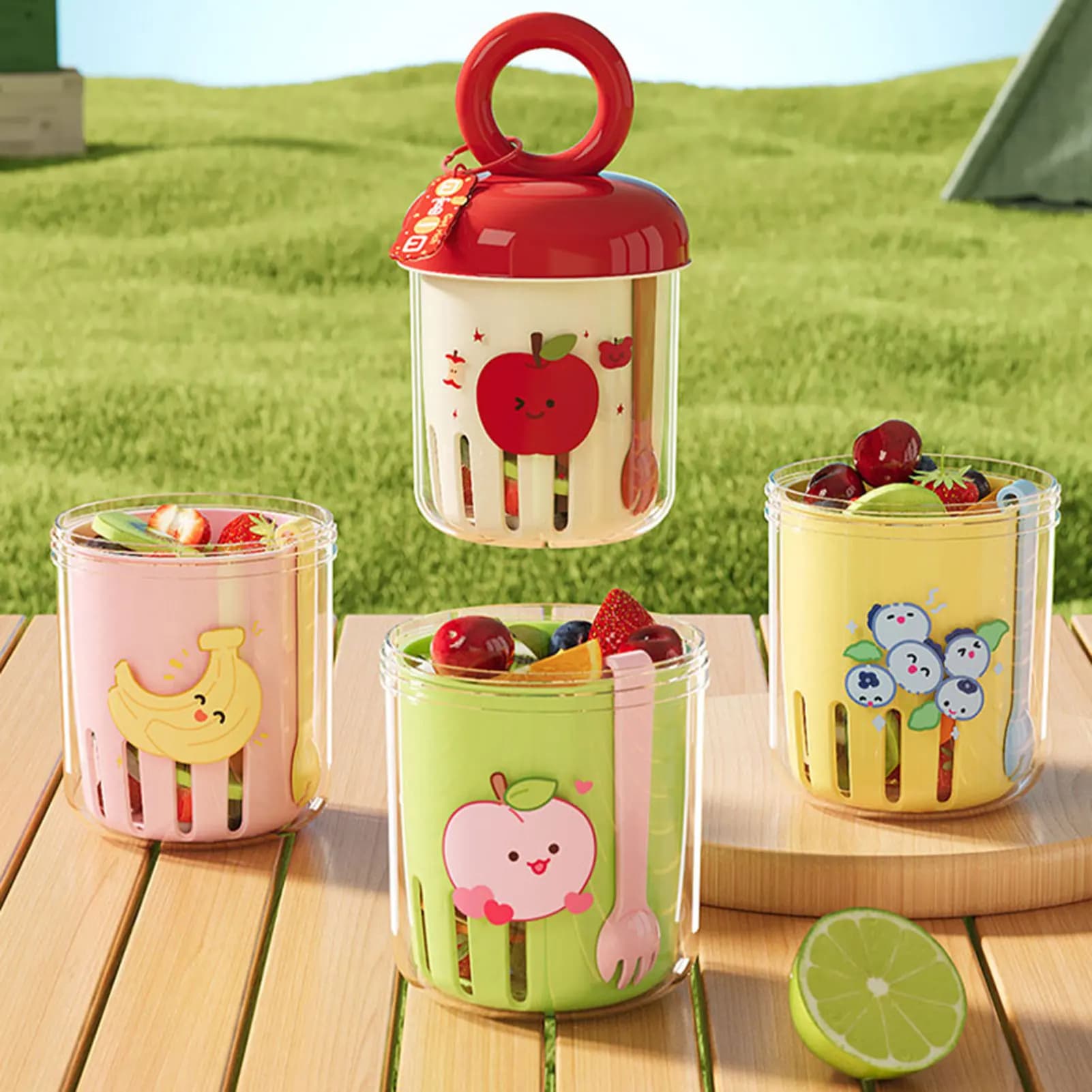 Fruit Salad Lunch Box Non Bpa Food Storage Container Portable Dual-Layer Design Built-In Drainage Salad Cups For Parks Picnic