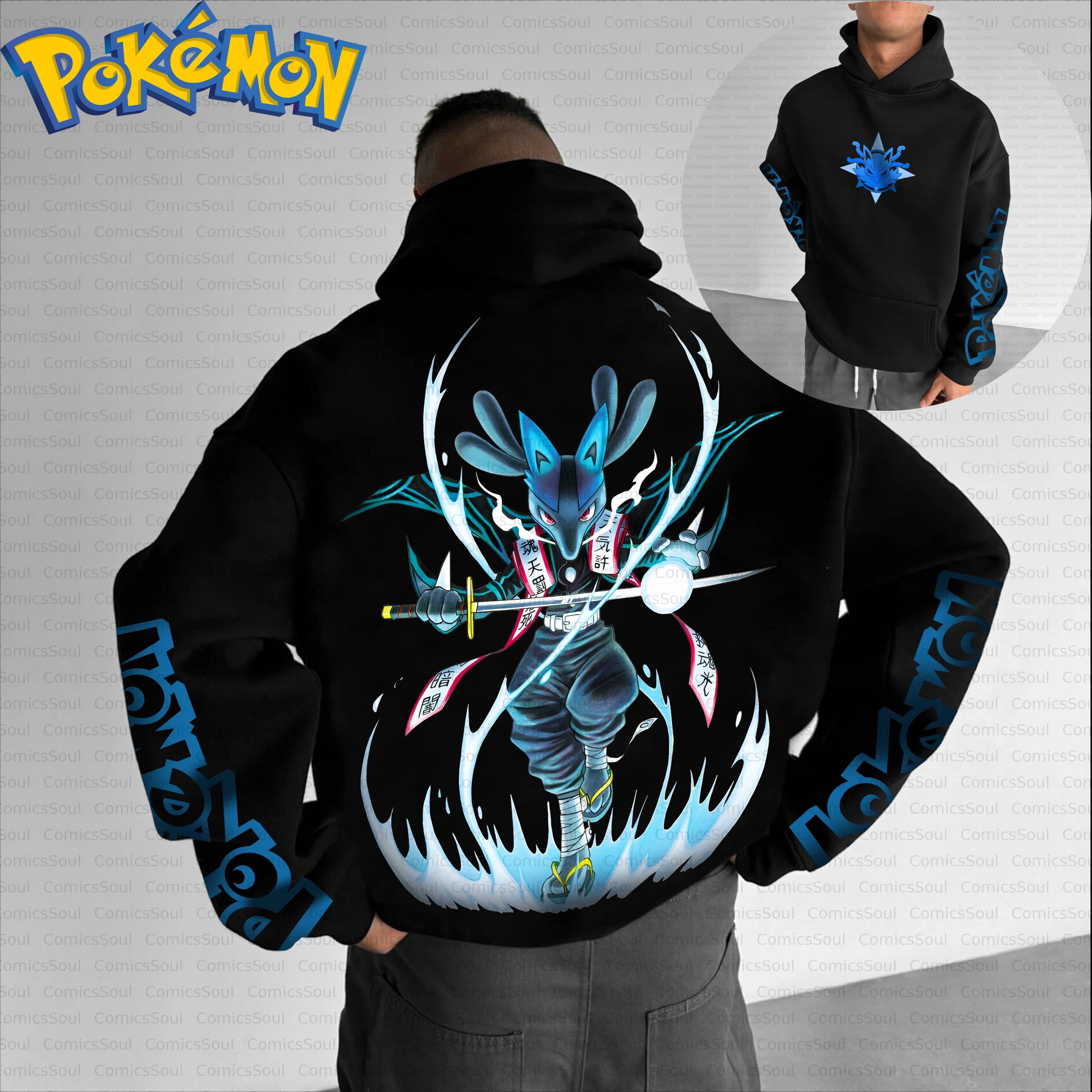 Felpa con cappuccio Pokemon in cotone nero e pantaloni Harajuku con stampa sul retro di Lucario Effetto Aura blu bianco e design dei personaggi delle maniche