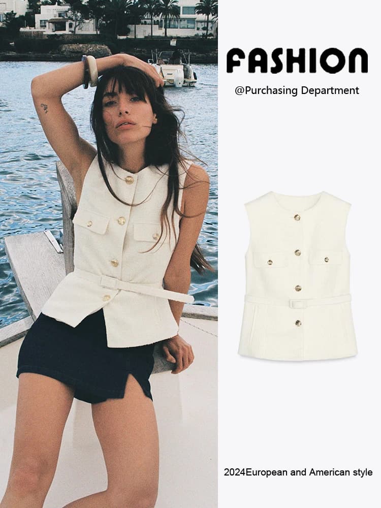 Classic Versatile Belted Texture Sleeveless Vest New Summer Women's Fashion Commute Style Slim Fit Knitted Tank Top