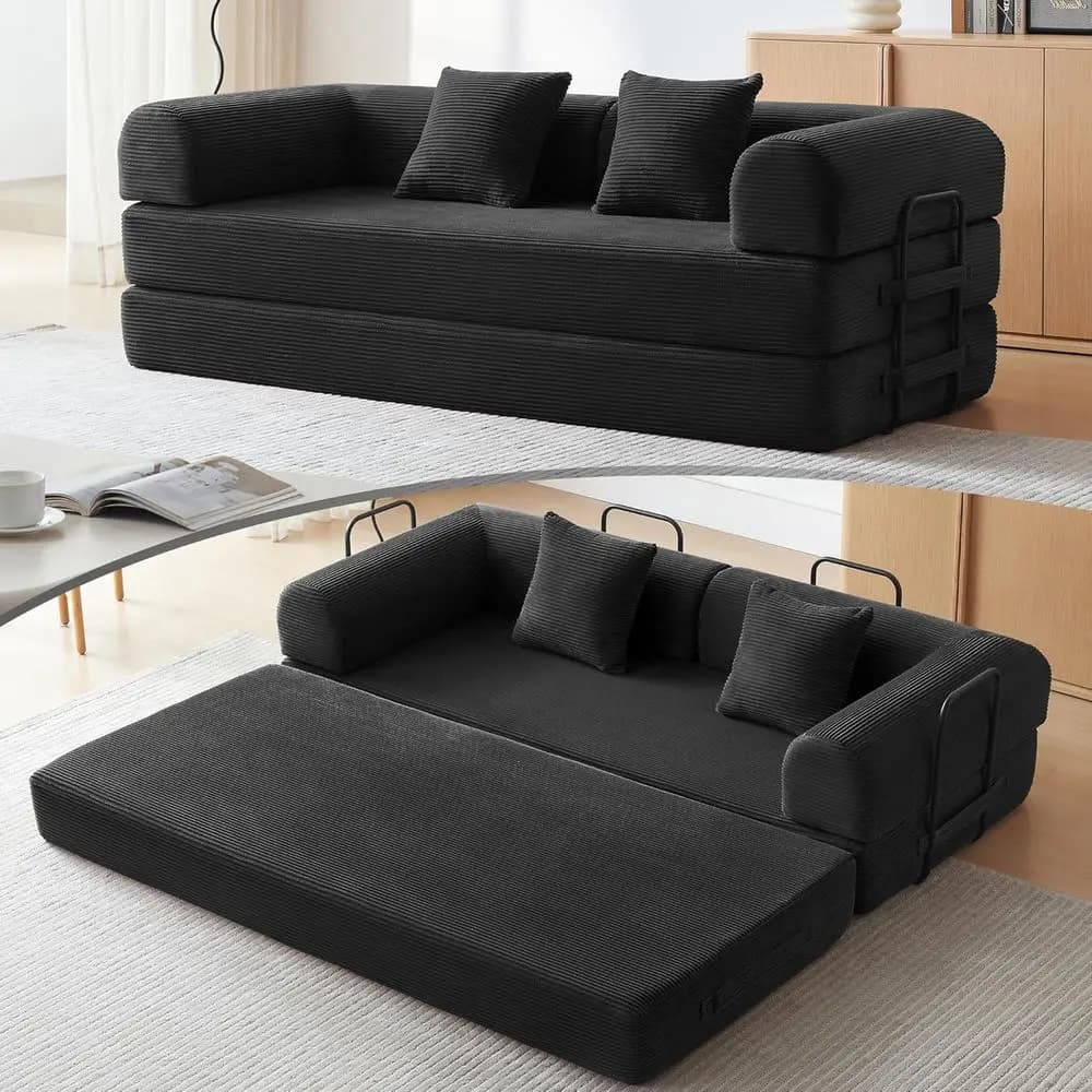 Convertible Sleeper Bed with 2 Cylindrical Pillow, Comy oldable Bed Compred Soa in Box, loor Soa Lounge Couch or Living Room Bed