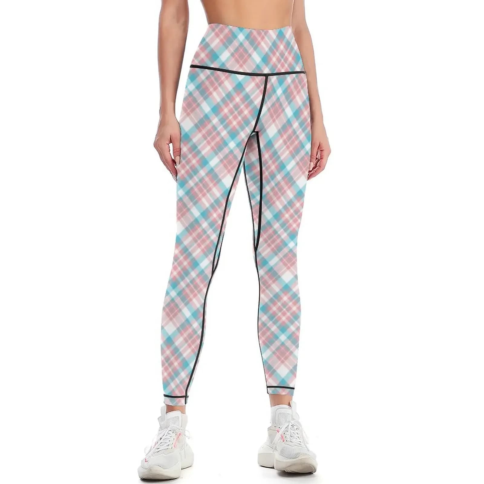Set fitness con leggings in tartan a quadri rosa pastello e blu, abbigliamento sportivo da palestra, pantaloni sportivi da palestra, leggings da donna