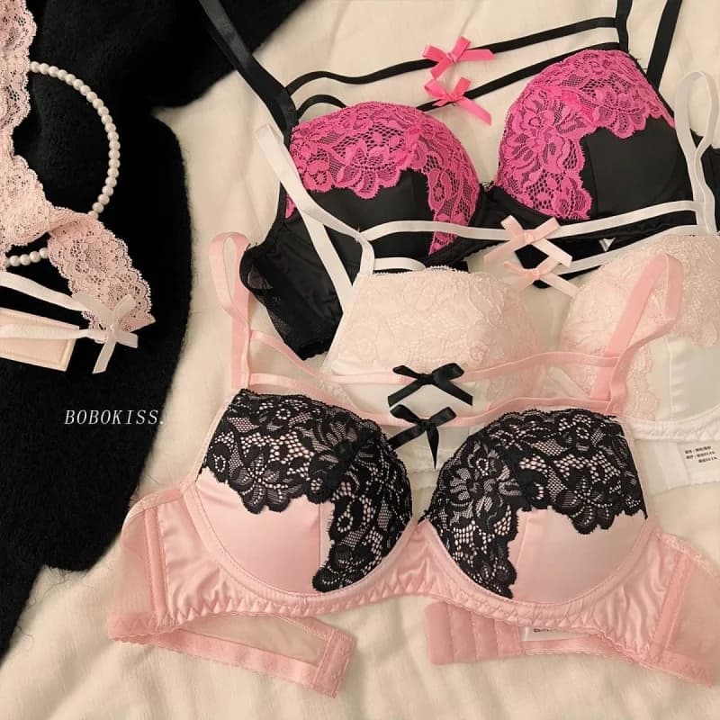 Intimo dolce giapponese da donna, piccolo petto push up senza anello in acciaio, comodo reggiseno con fiocco per ragazza, bellissimo set di reggiseno posteriore