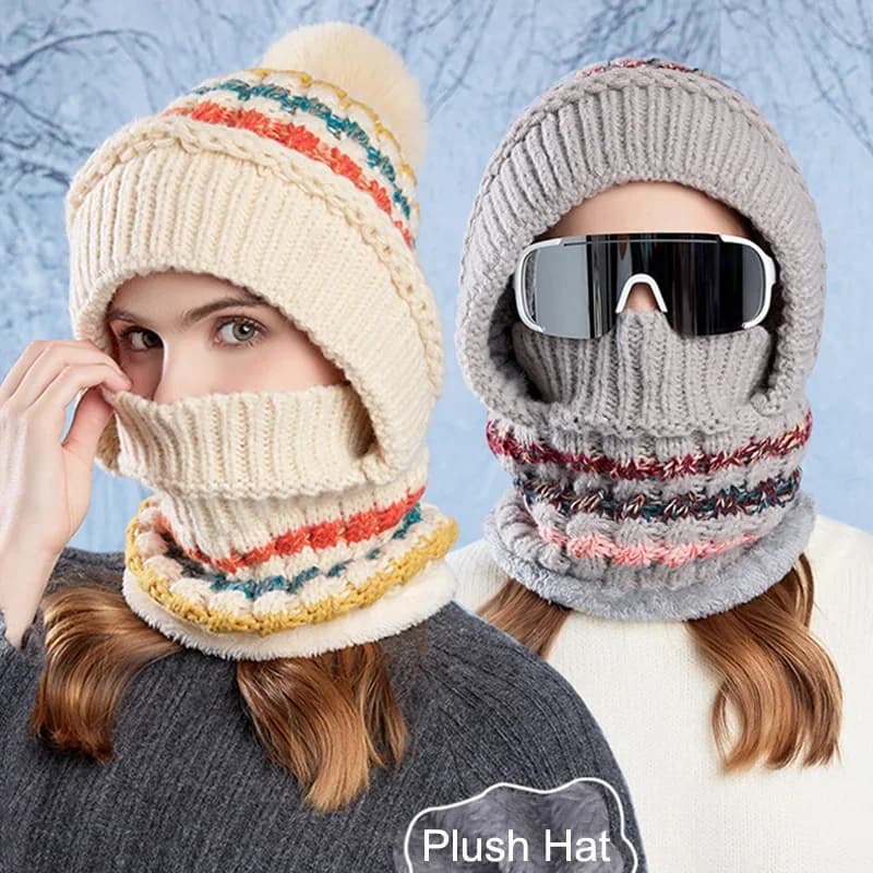 Women's Plush Balaclava Hat Knitting Breathable Winter Warm Neck Scarf With Face Mask For Outdoor Sports