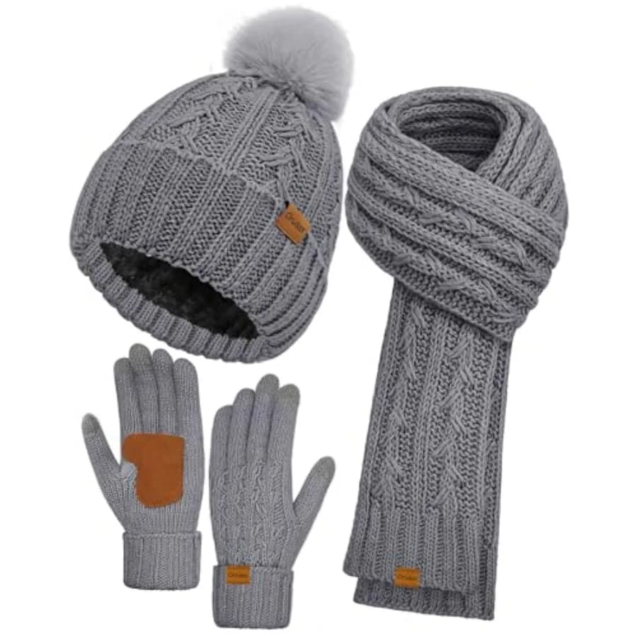 Set Invernale da Donna con Cappello, Sciarpa e Guanti, Cappello Lavorato a Maglia Foderato in Pile con Pompon, Sciarpa Lunga e Guanti Touchscreen per Donne e Uomini