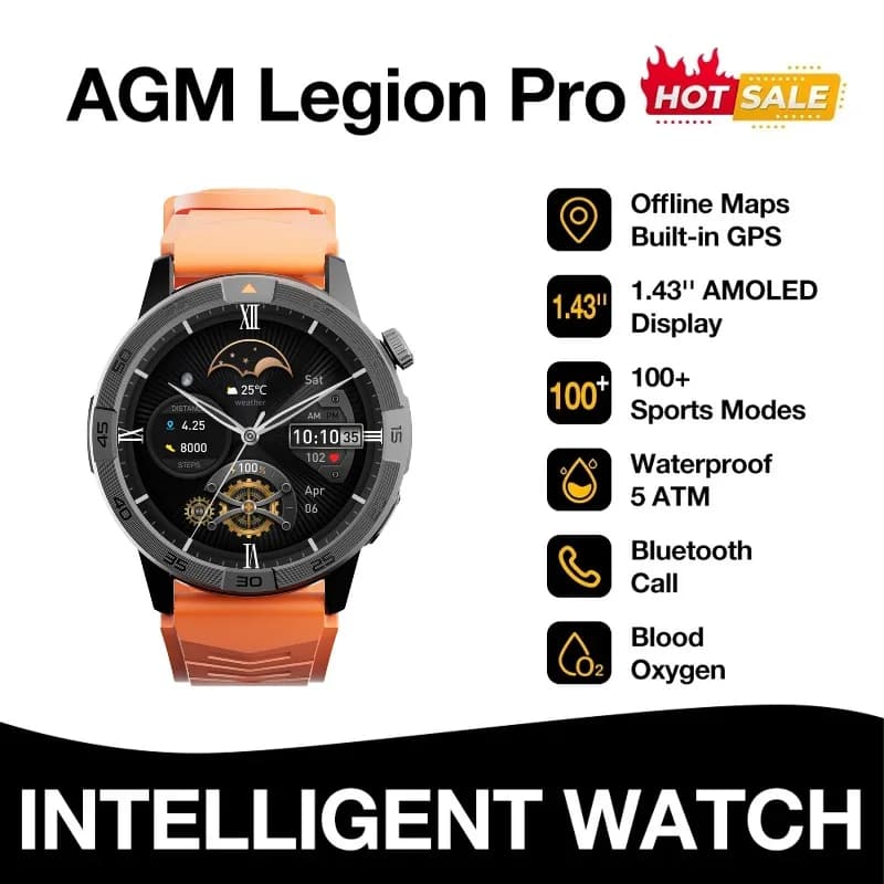 AGM Legion Pro GPS SmartWatch Men Smartwatch Show Time Heart Rate Bluetooth C AMOLED Bluetooth Electronic Waterproof Watches