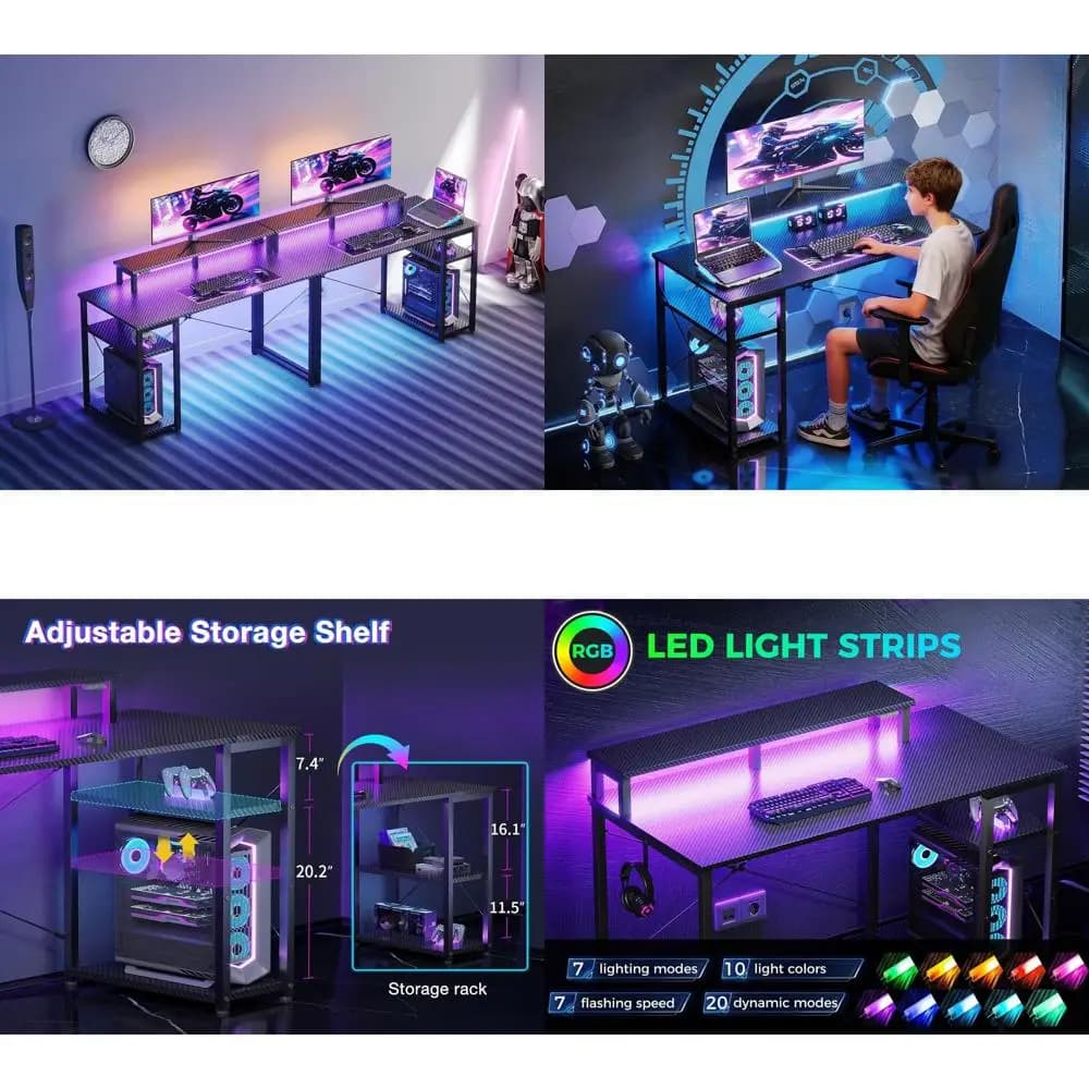 Scrivania da Gaming Compatta 40 Pollici con Spazio di Archiviazione, Luci LED e Supporto Monitor - Finitura Effetto Fibra di Carbonio