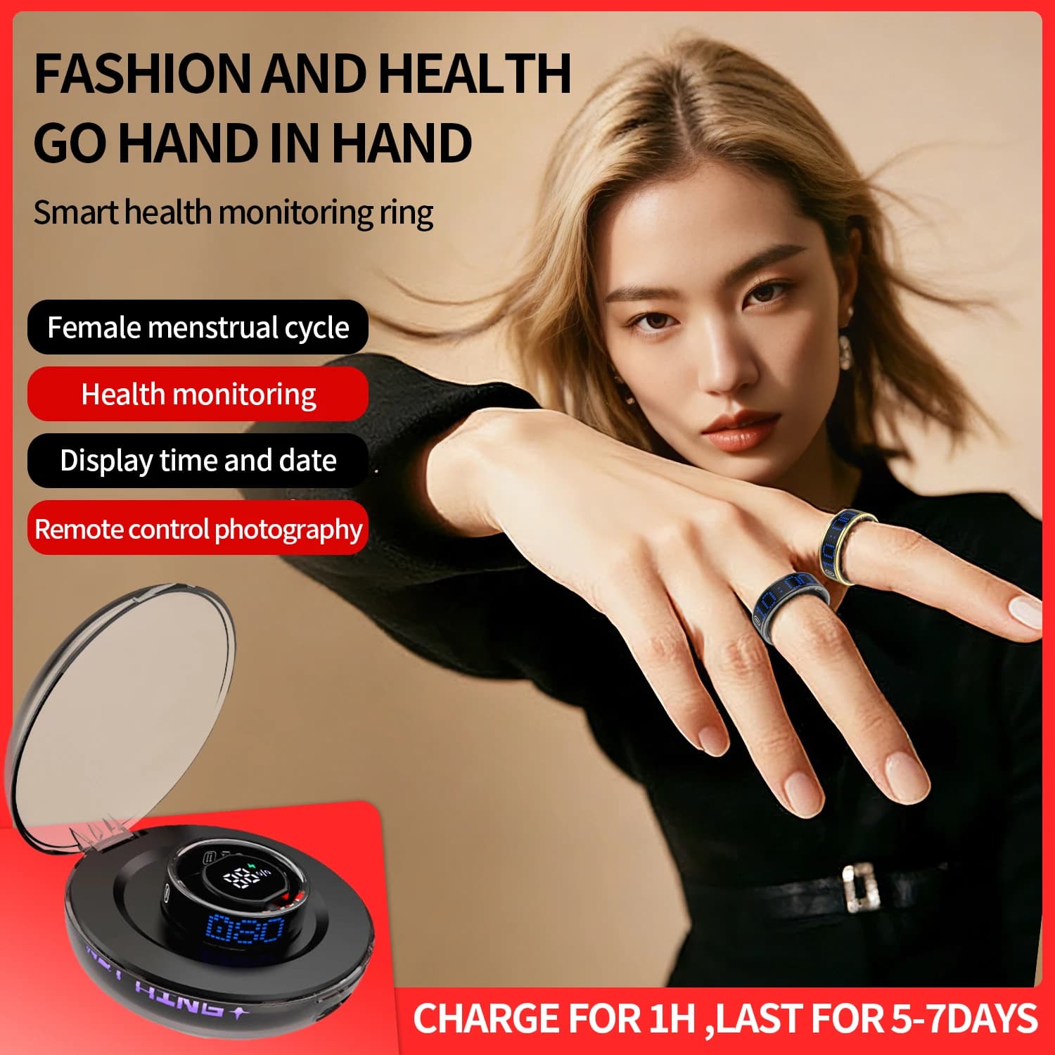 Anello Smart per la Salute con Controllo Touch, Monitoraggio Frequenza Cardiaca, Ossigeno nel Sangue e Sonno, Impermeabile IP68, Tracker Fitness Leggero in Titanio per Donne