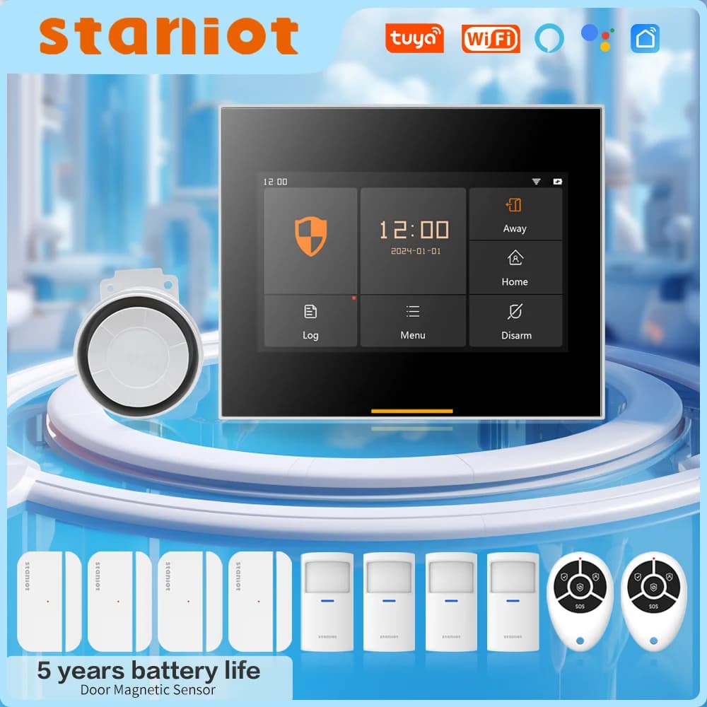 Staniot Sistema di allarme wireless WiFi per kit di sicurezza antifurto domestico con sensore porta batteria da 5 anni Rilevatore di movimento antimanomissione