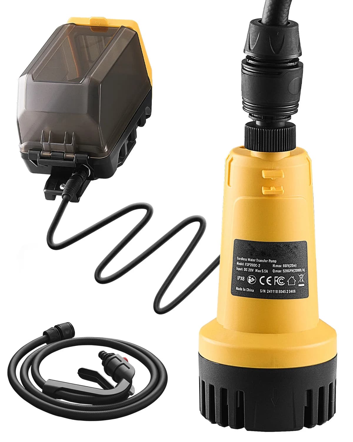 SucceBuy Wireless Submersible Pump for Water Transfer Garden Tube 528GPH and G3/4" compatible with Dewalt 20V MAX battery (without battery)
