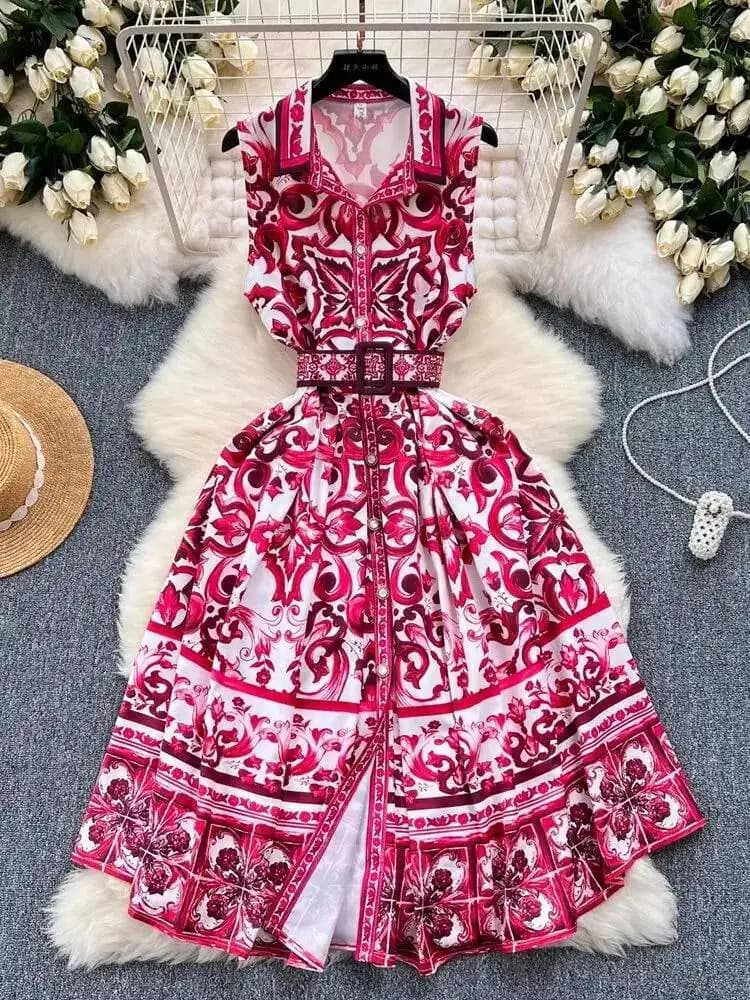 JAMERARY Moda Vacanza Estiva Abito Midi Floreale Camicia Donna Canotta Senza Maniche Cintura con Stampa Barocca Abiti Lunghi da Festa Vintage