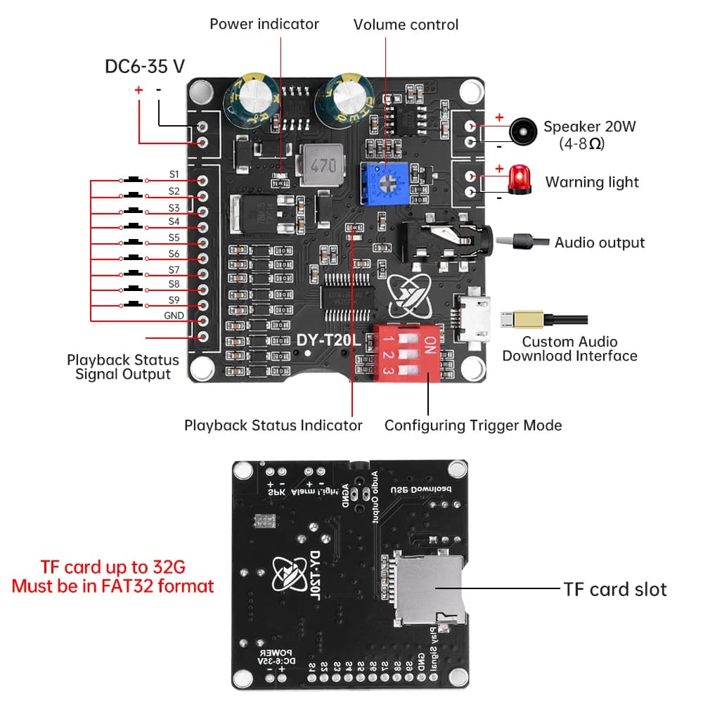 1 pz DC6-35V 10 W/20 W Voce Lettore Mp3 Modulo di Controllo Trigger Modulo Audio Supporta USB Flash Drive Scheda TF DY-T20L Micro USB