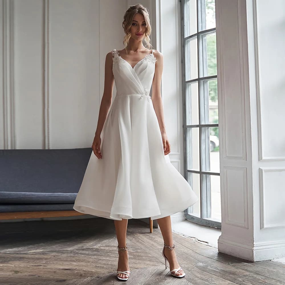 Customized Short Wedding Dress A Line V Neck Simple Wedding Gown White Organza Satin Tea Length Sleeveless Midi Bridal Dress